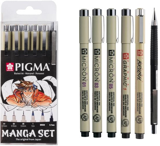 Set di Manga da 6 pezzi in Nero - Pennarelli Fini e Penna a Pennello per Illustrazioni