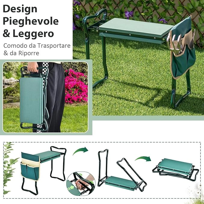 Inginocchiatoio da Giardino 2 in 1 Portatile e Pieghevole, Sgabello da Giardino con Grande Borsa per Attrezzi, Sedile per Giardinaggio per Inginocchiare e Sedere