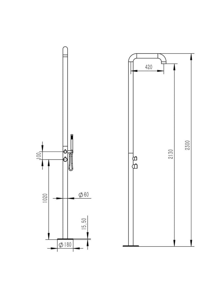 SINED Doccia Chia Canna Fucile in Acciaio Inox 316L 230cm con Miscelatore e Doccino Struttura In AISI 316L per Esterni e Interni Acqua Caldafredda Attacchi Integrati Anche per Ambienti Marini