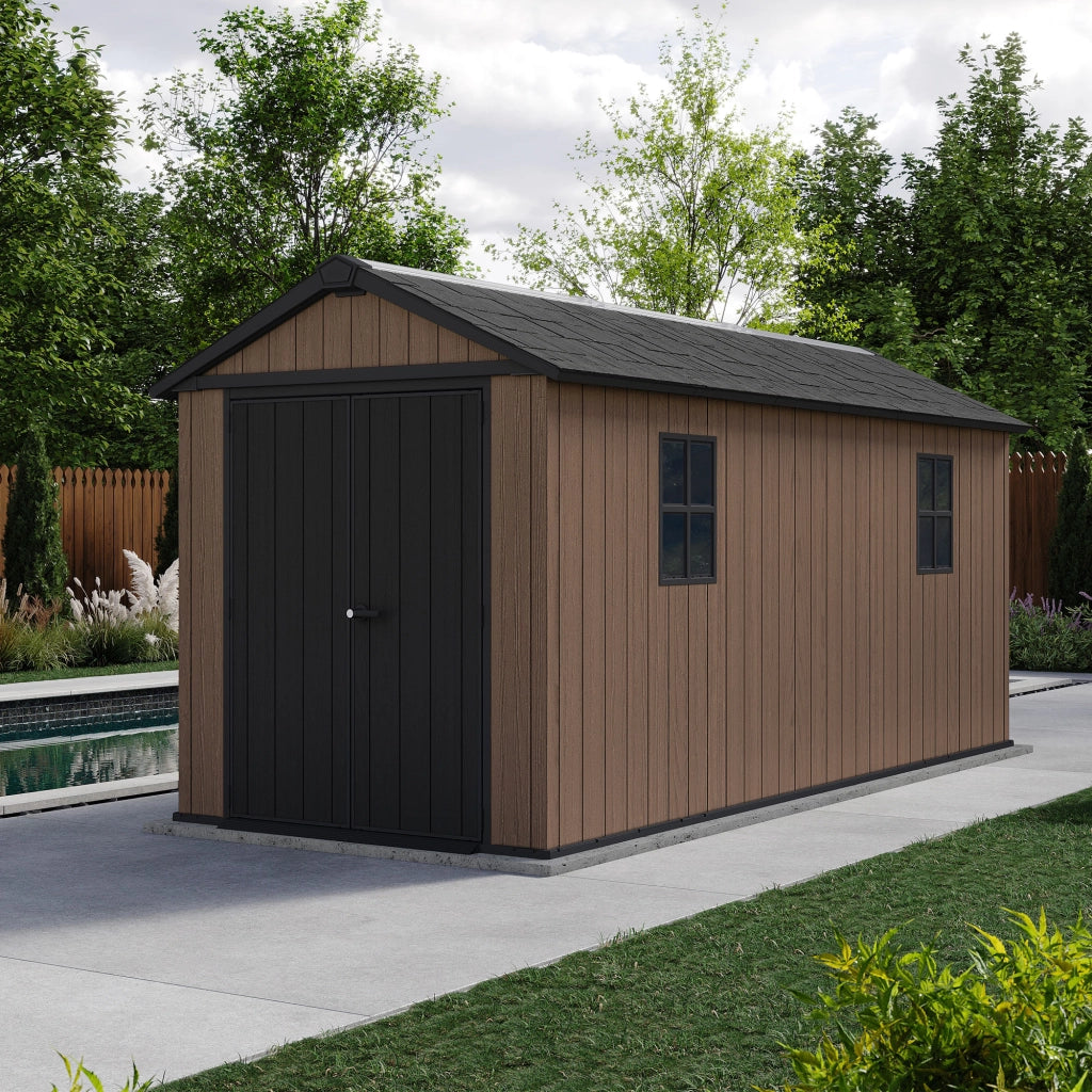 Newton + 7515/1575- Casetta da Giardino 476x246x230 cm 2 Ante per deposito attrezzi finitura effetto legno Evotech+ in Resina Marrone e Nero