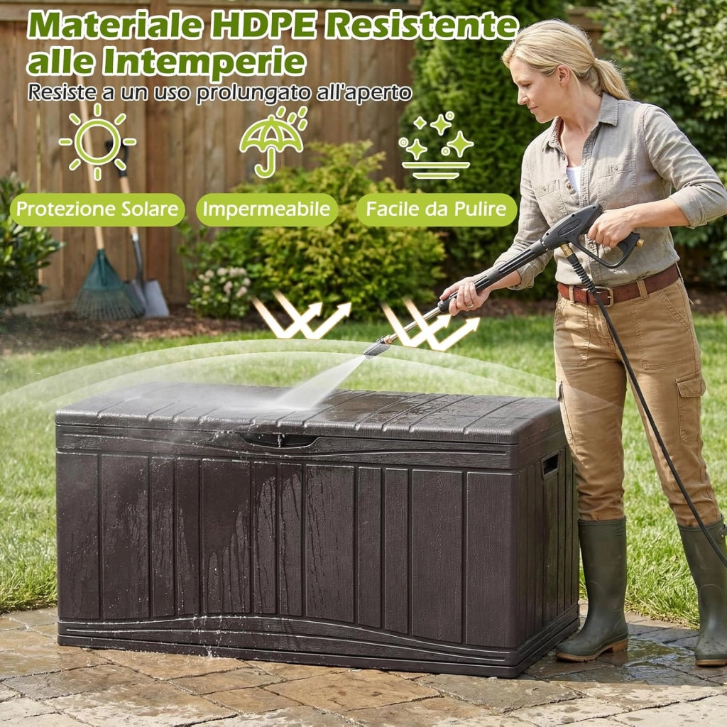 Baule da Esterno 300L Impermeabile in Resina, Cassapanca Contenitore da Esterno con Pistoni a Gas, Predisposizione per Serratura e 2 Maniglie Laterali, Resistente, 114 x 55 x 61 cm (Marrone)