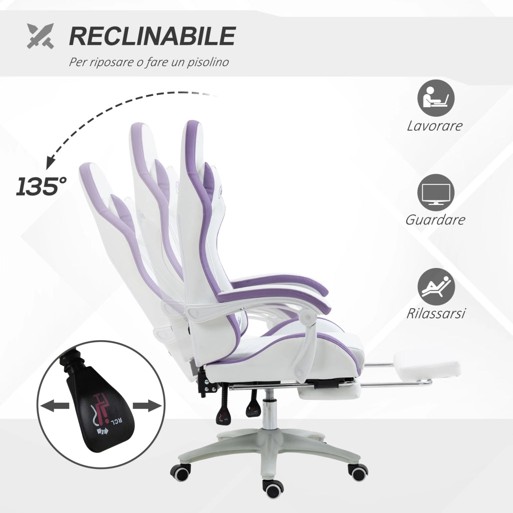 Sedia da Gaming con Altezza Regolabile e Schienale Reclinabile. 65x65x121-129 cm. Bianco e Viola