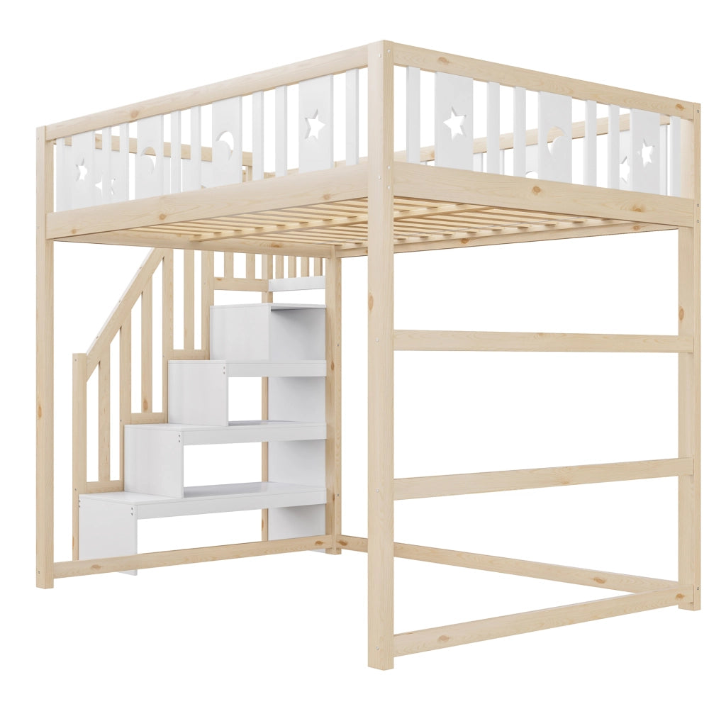 Letto a soppalco per bambini 140 × 200 cm con scala e ripiani, zona divano, senza materasso, legno massiccio bianco naturale