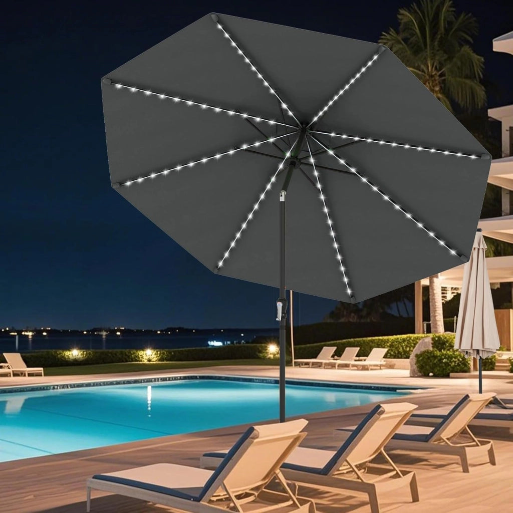 Ombrellone da Giardino φ3 m, con 96 Luci LED, 9 Modalità, Manovella, Ombrellone Parasole da Patio Inclinabile con 8 Osse, per Balcone, Spiaggia, Piscina, Base Non Inclusa
