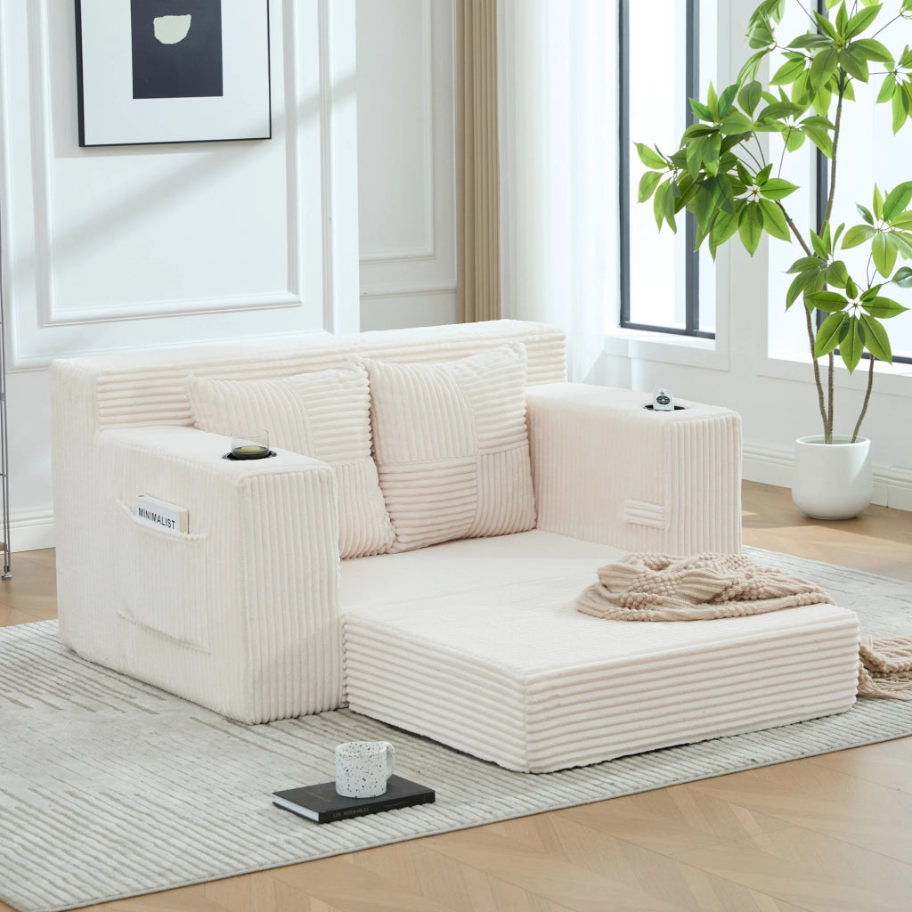 Divano pouf in velluto a coste con 2 cuscini e tasche laterali; 151x133x64 cm; beige