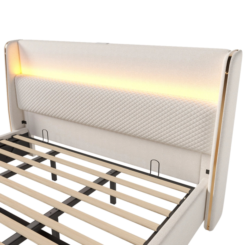 Letto matrimoniale 180x200 cm con contenitore idraulico; LED; USB e Type-C; beige in lino