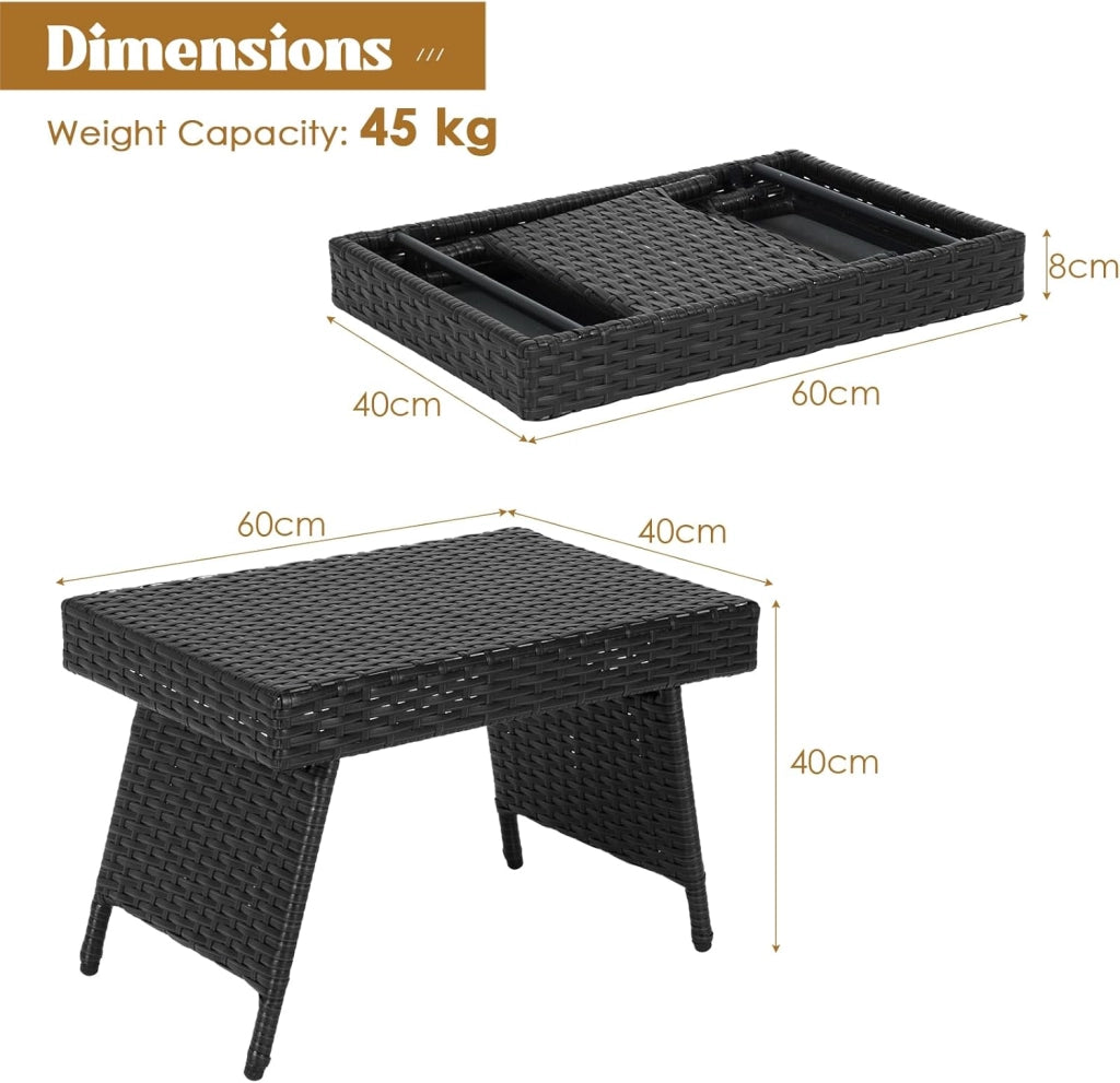 Tavolino da esterno in rattan, 60 x 40 x 40 cm, tavolino pieghevole da giardino con pattini regolabili, mobilità semplice, carico 45 kg, per salotto da giardino, balcone, patio, terrazza (nero