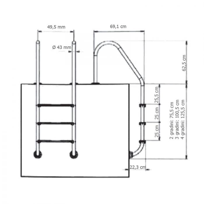 Scaletta Standard In Acciaio Inox 304 E Gradini In Pvc - 3 Gradini, Per Piscine Con Altezza Minima 1,10 M