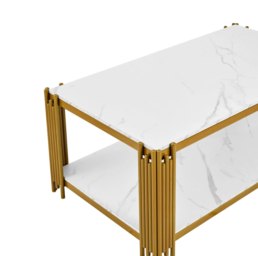 Tavolino da caffè 1140x64x46 cm con 2 ripiani; struttura in metallo e MDF; bianco oro