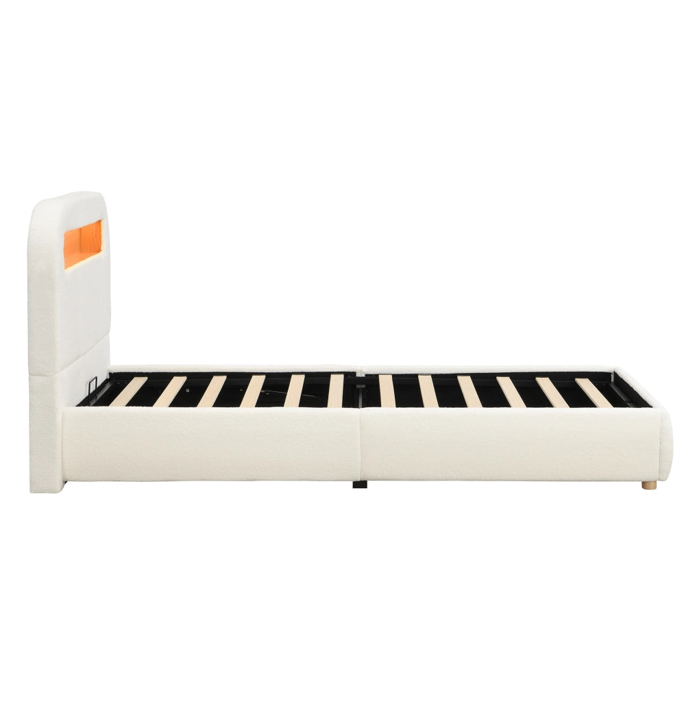 Letto imbottito con contenitore e LED in bouclé bianco