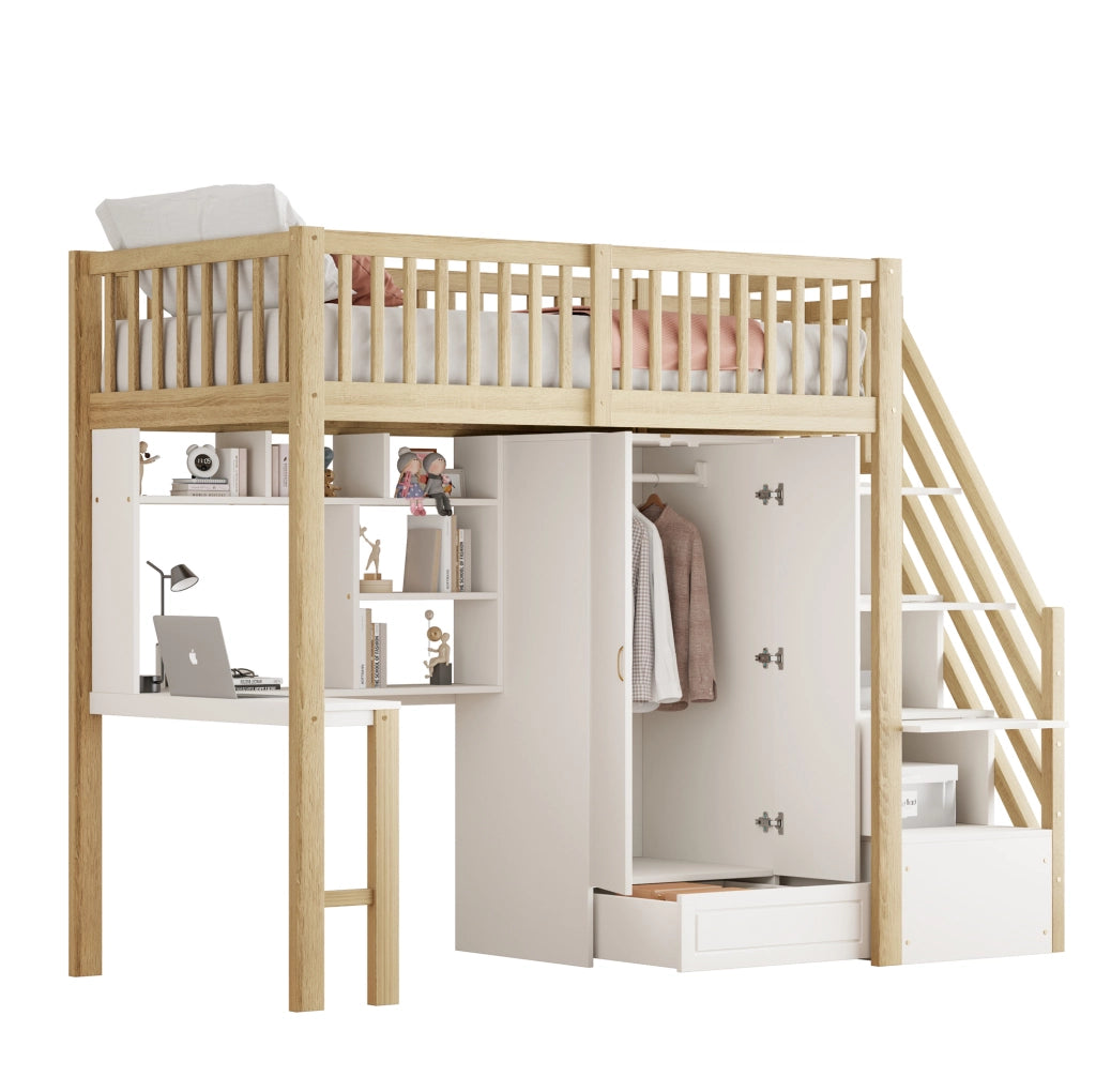 Letto a soppalco 90x200 con armadio, scrivania e scala