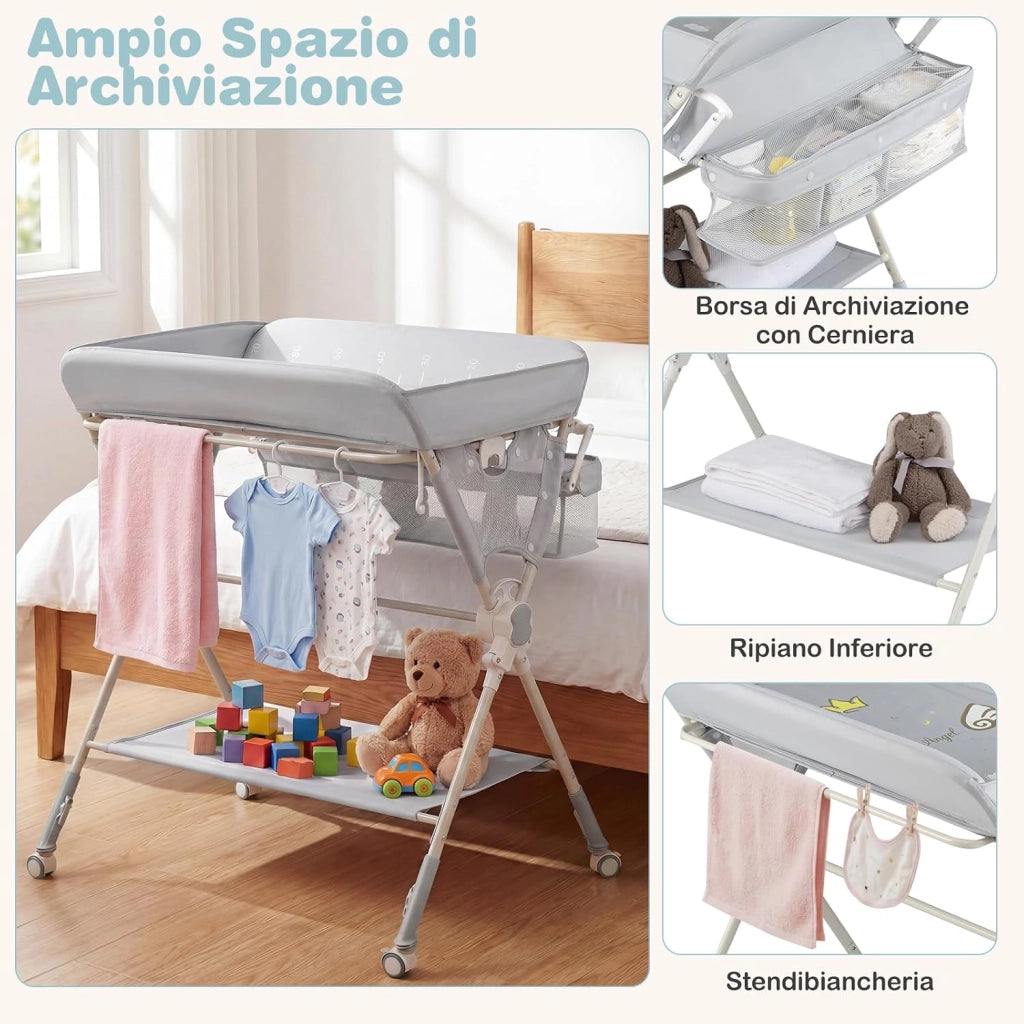 Fasciatoio Pieghevole per Bambini, Fasciatoio Portatile con Ruote, Altezza Regolabile, Piattaforma Rimovibile, con Barra Giocattoli, Stendino, Misuratore, Cestini, Portata 25 kg