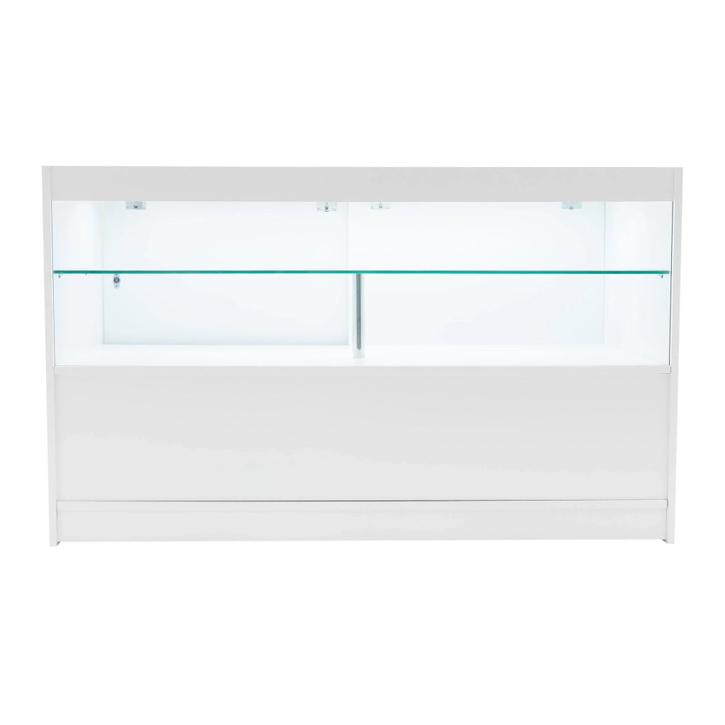 Bancone LED Bianco C1500 con Vetrina, 3 Ripiani e Ante Scorrevoli Bloccabili