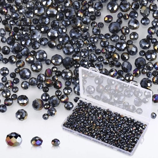 Set di perle di vetro 1000 pezzi - Perle facetate - Set per gioielli - Collane/bracciali - 4 mm/6 mm/8 mm - Vetro nero