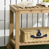 Carrello da Giardino per Barbecue in Legno con Maniglia, 2 Ripiani e Porta Bottiglie, 95 x 47 x 74 cm, Legno naturale