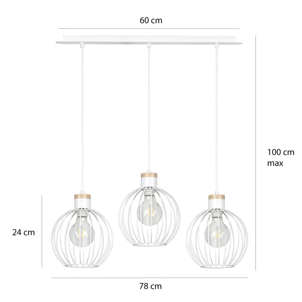 Lampadario 3 Luci Morgana Paralumi A Gabbia In Acciaio Bianco E Legno Naturale