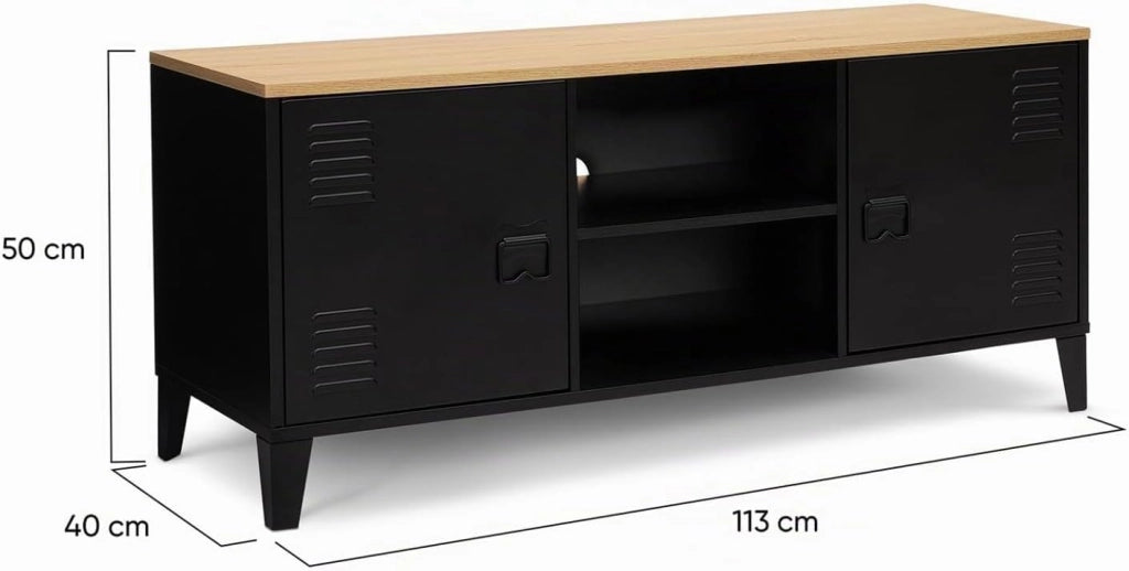 Mobile TV ESTER 113 cm con 2 ante in metallo nero e piano in legno industriale