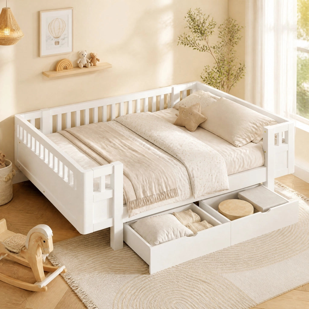 Letto per bambini con barriera alta e 2 cassetti, bianco