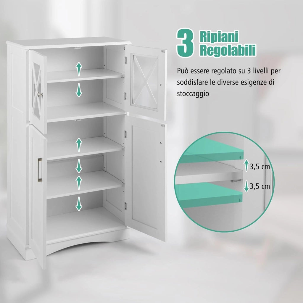 Mobile da Bagno con 4 Ante, Armadio da Terra con Ripiani Regolabili, Mobiletto Multifunzionale per Bagno Cucina e Soggiorno, 60x30x108 cm, Bianco (Bianco)