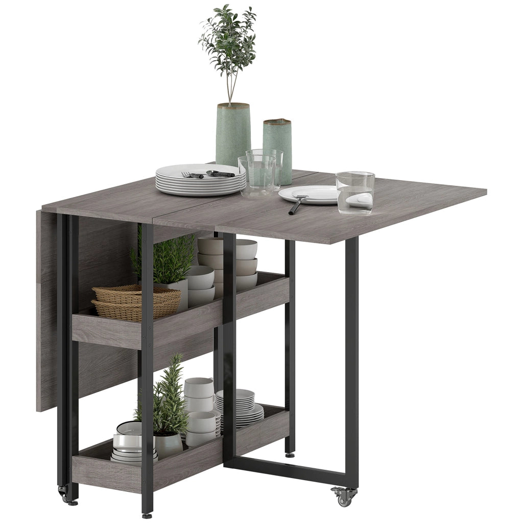 Tavolo Pieghevole Salvaspazio ¨C Xylo ¨C Legno e Metallo Grigio 133.4x80x75 cm con 2 Ripiani