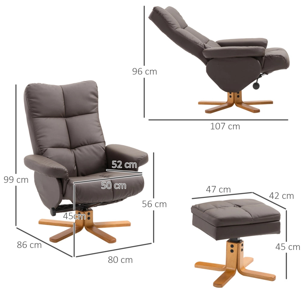 Poltrona relax girevole con poggiapiedi e vano contenitore, schienale reclinabile a 145°, struttura in legno, marrone