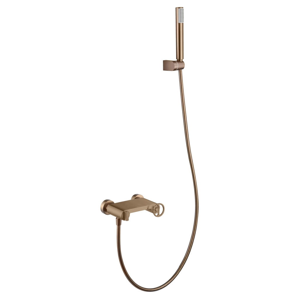 IMEX Set doccia monocomando oro rosa spazzolato in ottone con doccetta rotonda tubo flessibile 180 cm in acciaio rinforzato supporto ABS cartuccia ceramica Ø35 mm modello Imex-BDC033-5ORC