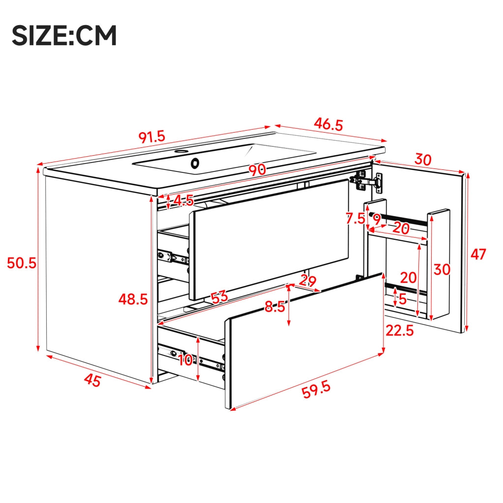 Mobile lavabo sospeso 91,5 cm bianco con LED e lavabo