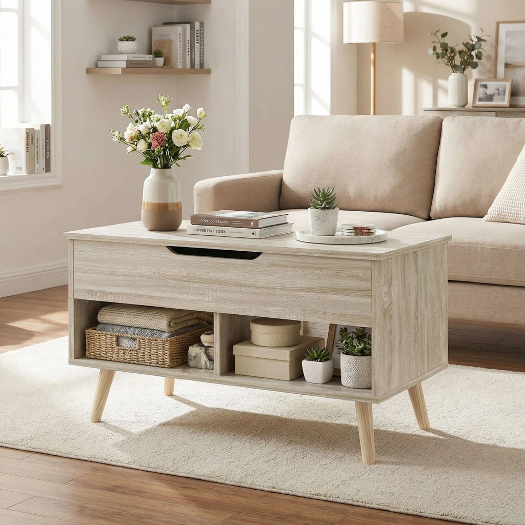 Tavolino da salotto con ripiano sollevabile e scaffali aperti ¨C zephmum ¨C legno naturale 75x40x58 cm