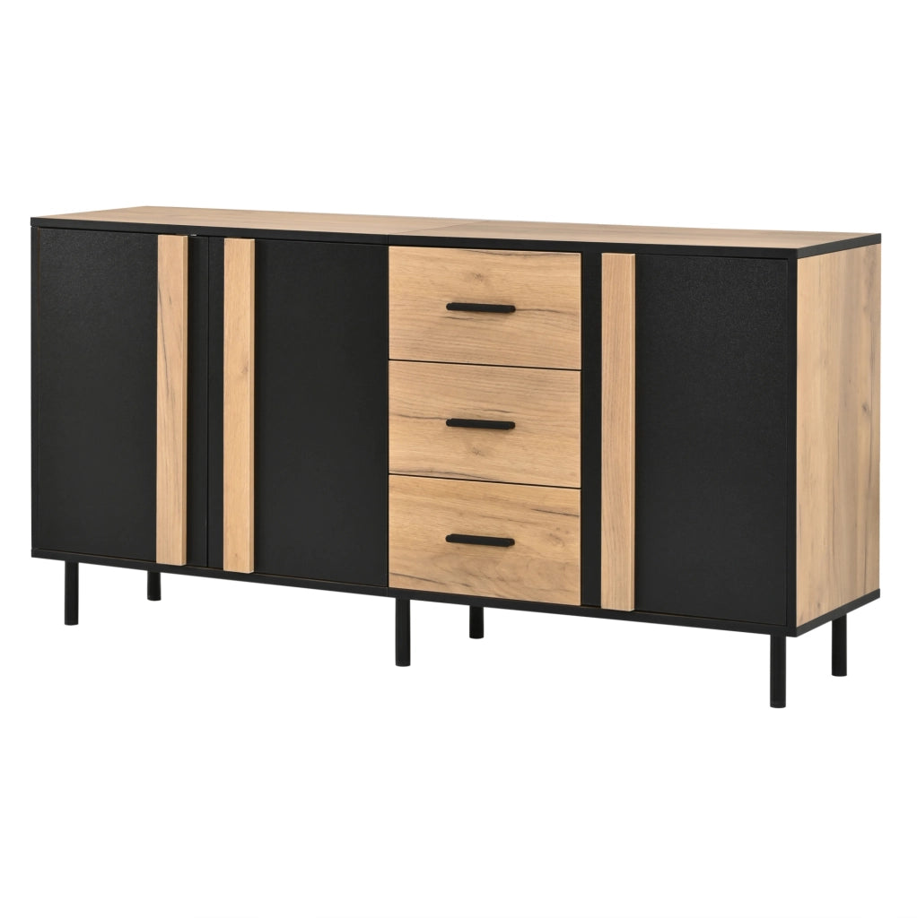 Credenza moderna 140x35x70 cm in MDF con 3 ante e 3 cassetti; nero e legno