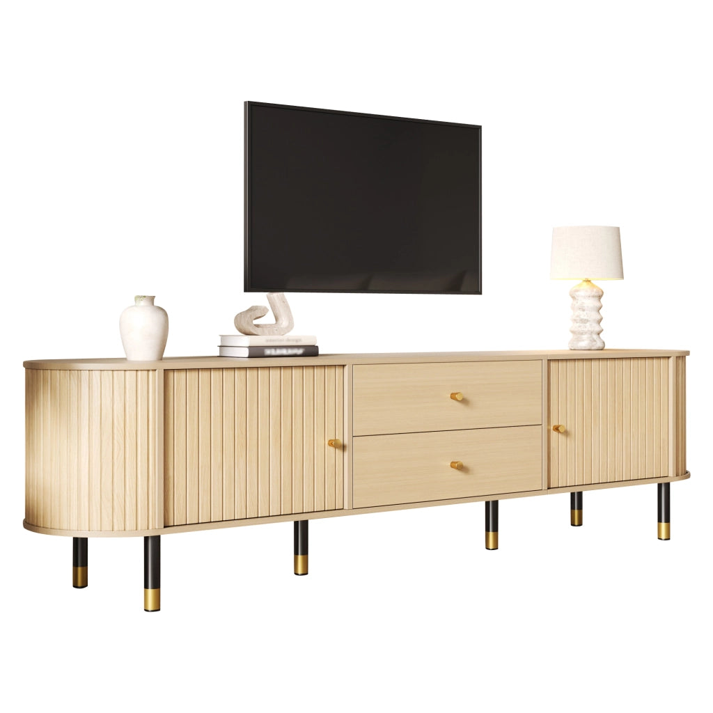Mobile TV Lowboard 180x40x58 cm in effetto legno naturale, con 2 cassetti, 2 ante scorrevoli, gestione cavi e struttura robusta