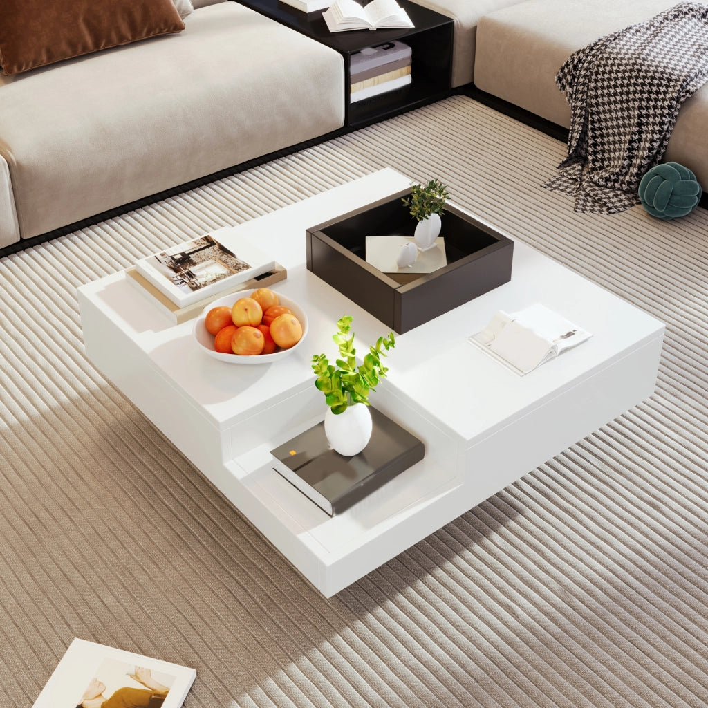 Tavolino da salotto 72x72x30 cm in truciolare bianco e nero lucido con box contenitore e LED