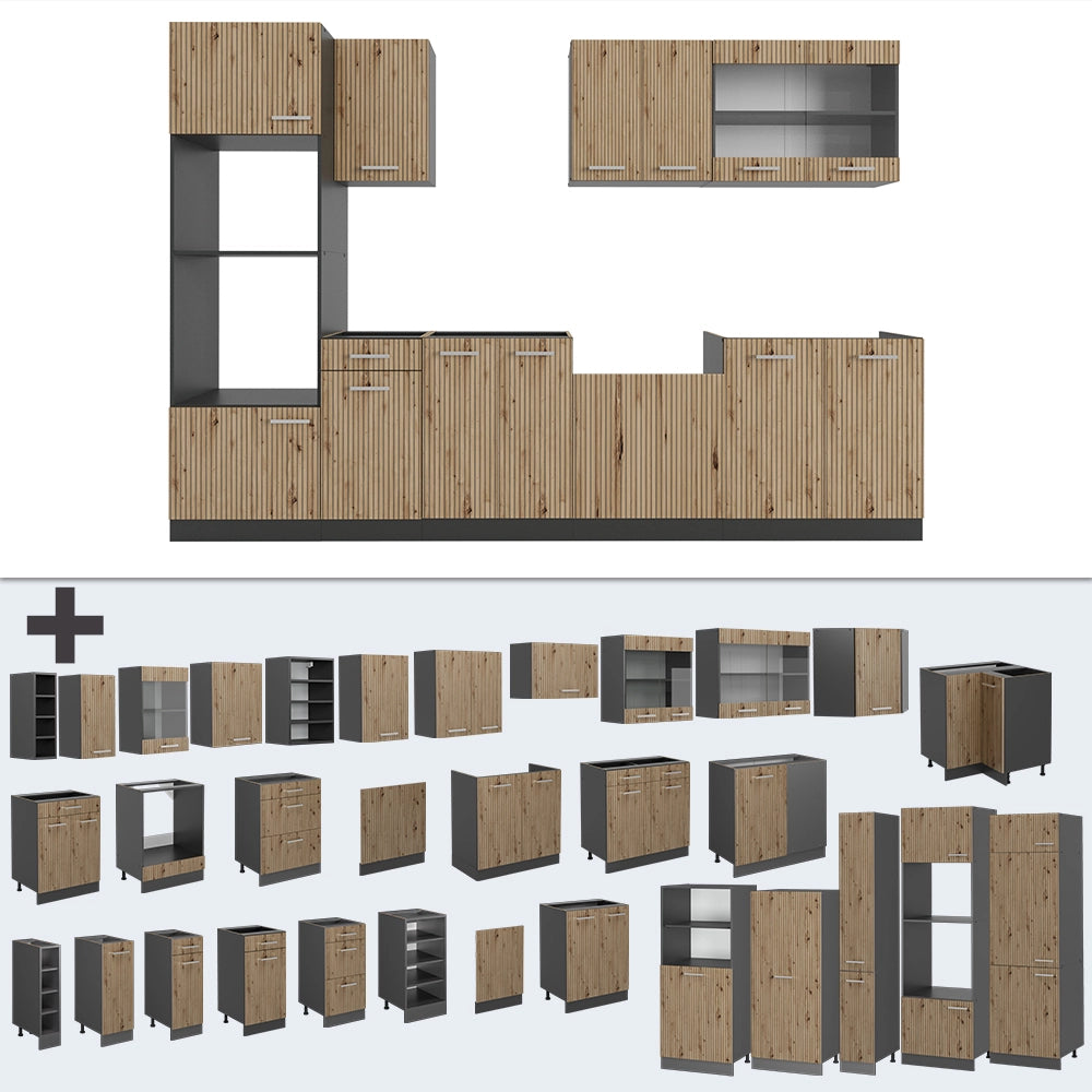 Vicco Cucina componibile Rovere artigianale/antracite 300 cm con armadio alto, PL Antracite