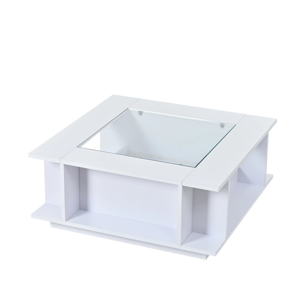 Tavolino da salotto quadrato 70¡Á70¡Á30 cm bianco con piano in vetro, finitura lucida, illuminazione LED e contenitore