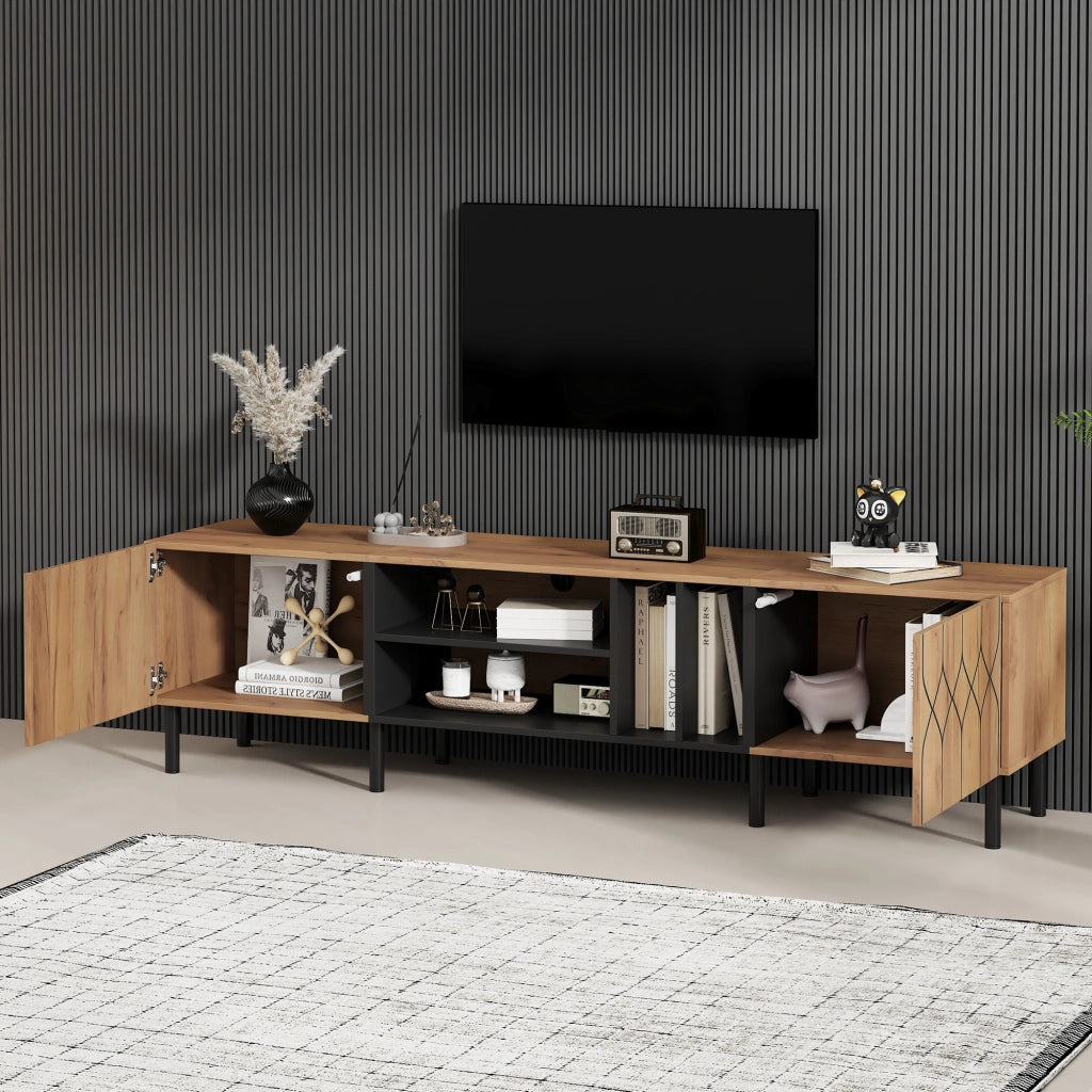 Mobile porta tv con 2 ante e 4 vani aperti, push-to-open, in MDF e truciolare, per salotto, nero naturale, 180 × 40 × 50 cm