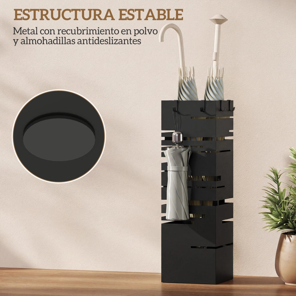 Portaombrelli con 4 Ganci e Bandeja di Gocciolamento ¨C Zephmum ¨C Nero 15.5x15.5x49 cm