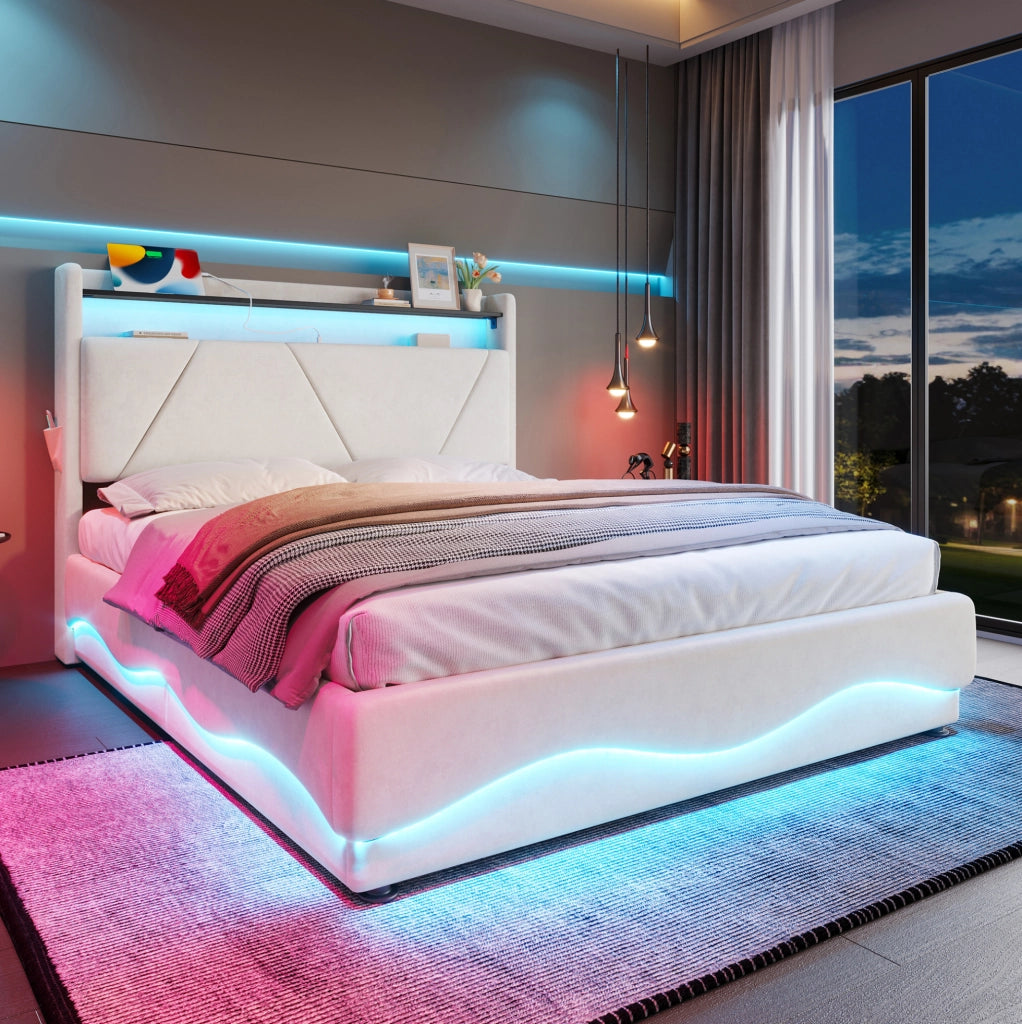 Letto imbottito 140x200 cm in velluto beige con testiera contenitore; LED; USB e Type-C
