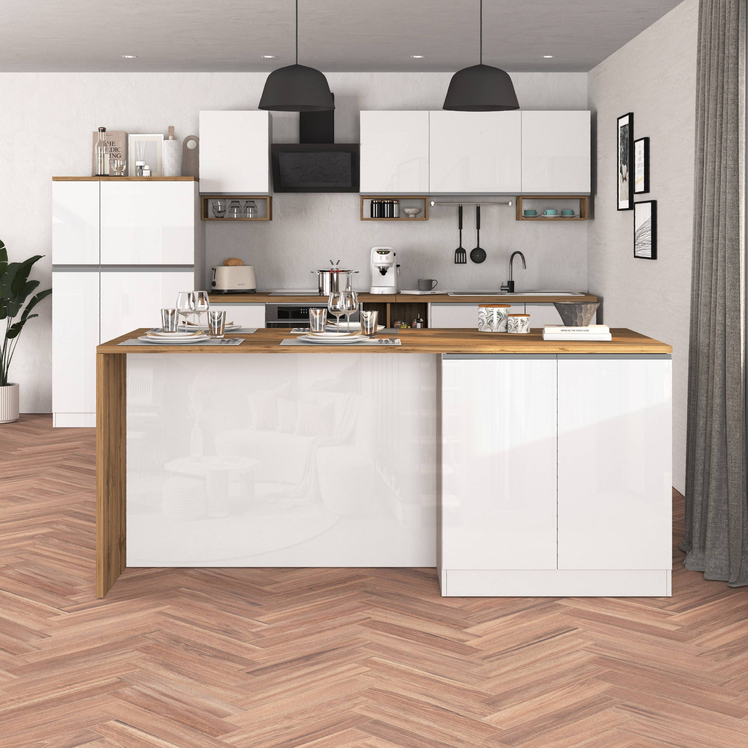Isola da cucina Sole a 4 ante bianco lucido e rovere 200x90x90 cm