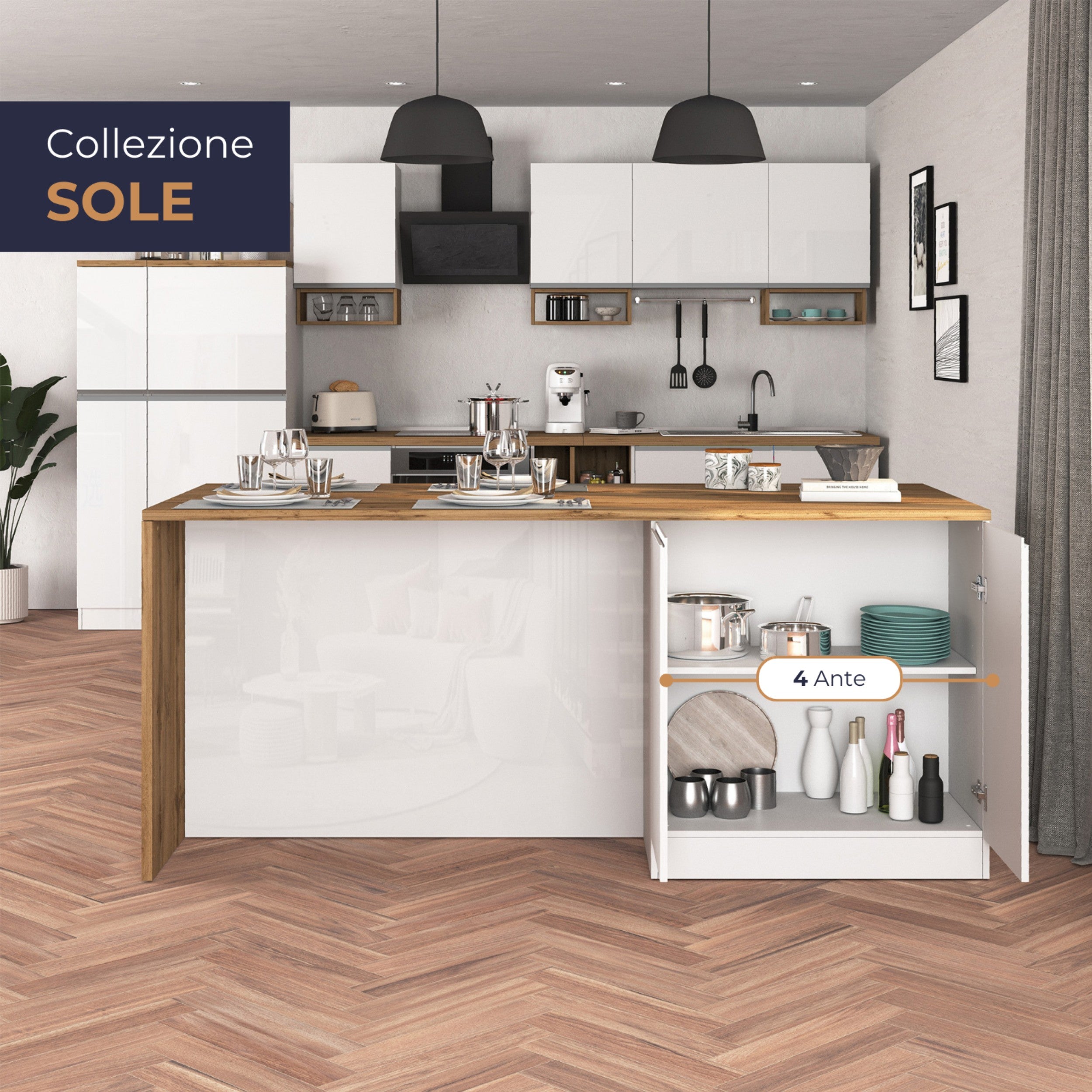 Isola da cucina Sole a 4 ante bianco lucido e rovere 200x90x90 cm