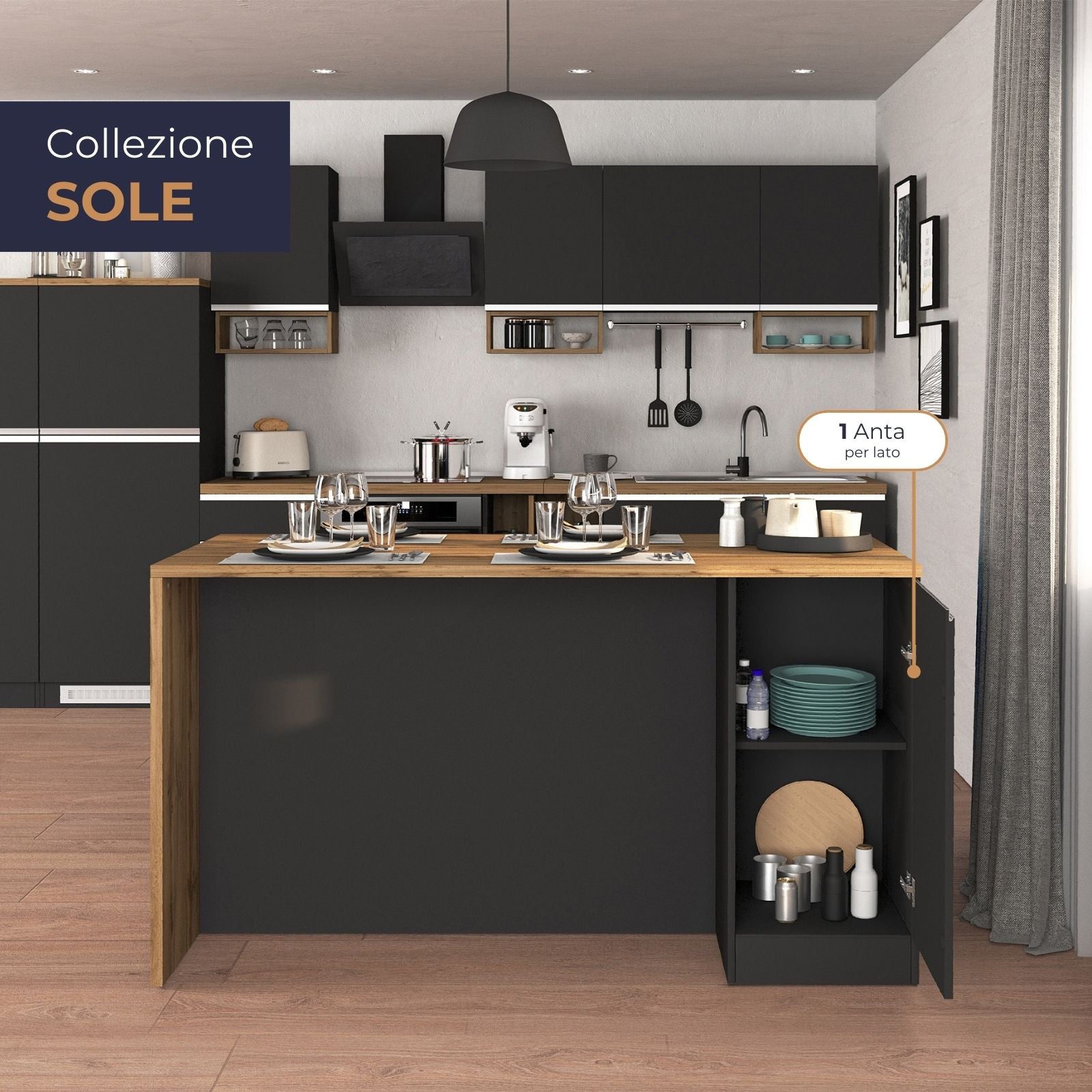 Isola da cucina Sole a 2 ante antracite opaco/rovere 160x90x90 cm