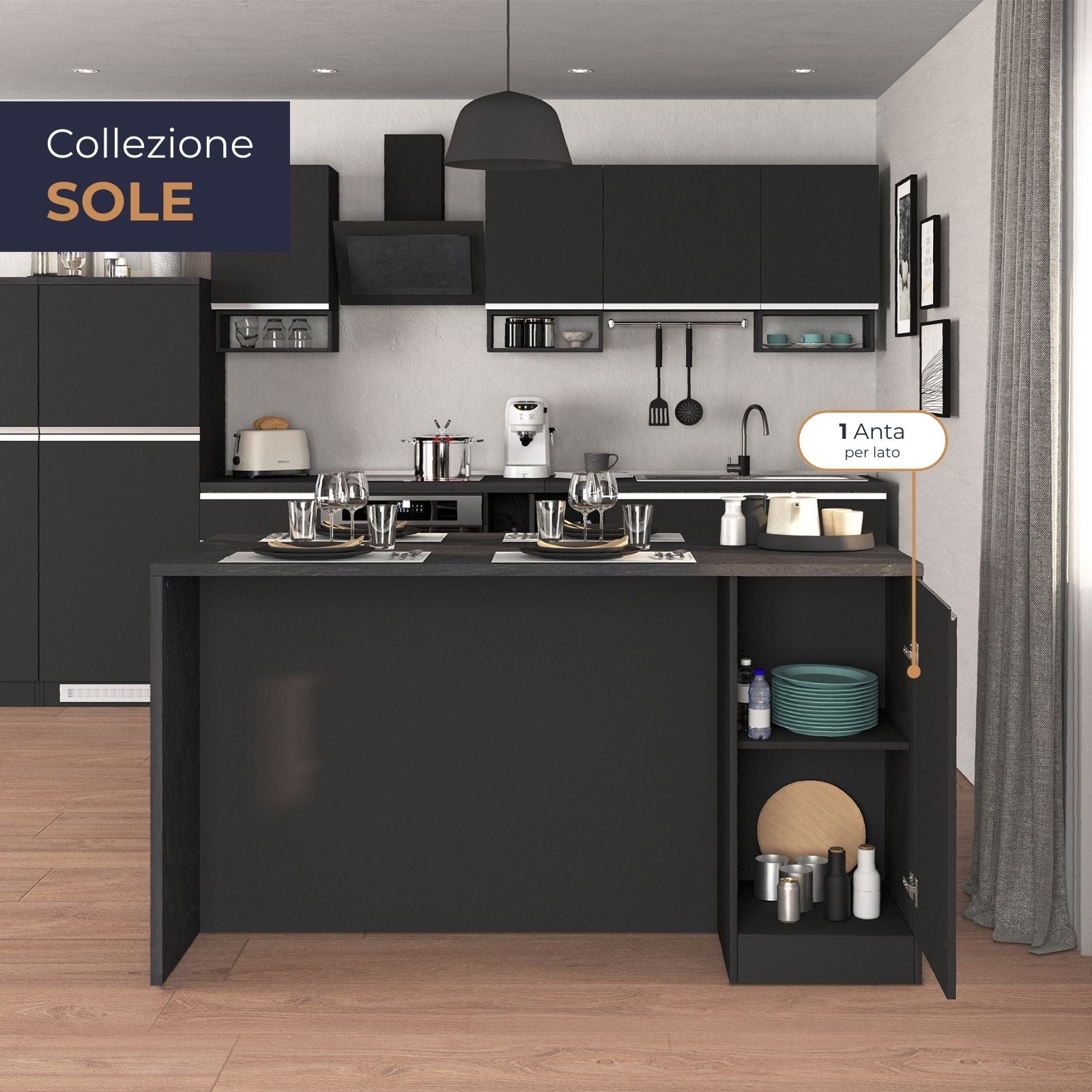 Isola da cucina Sole a 2 ante antracite opaco/report 160x90x90 cm