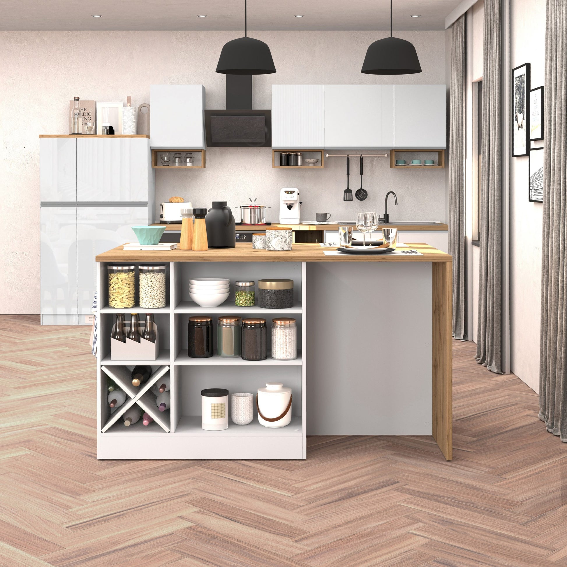 Isola da cucina Sole con 1 anta 2 cassetti e 6 vani bianco lucido/rovere 153x90x91 cm