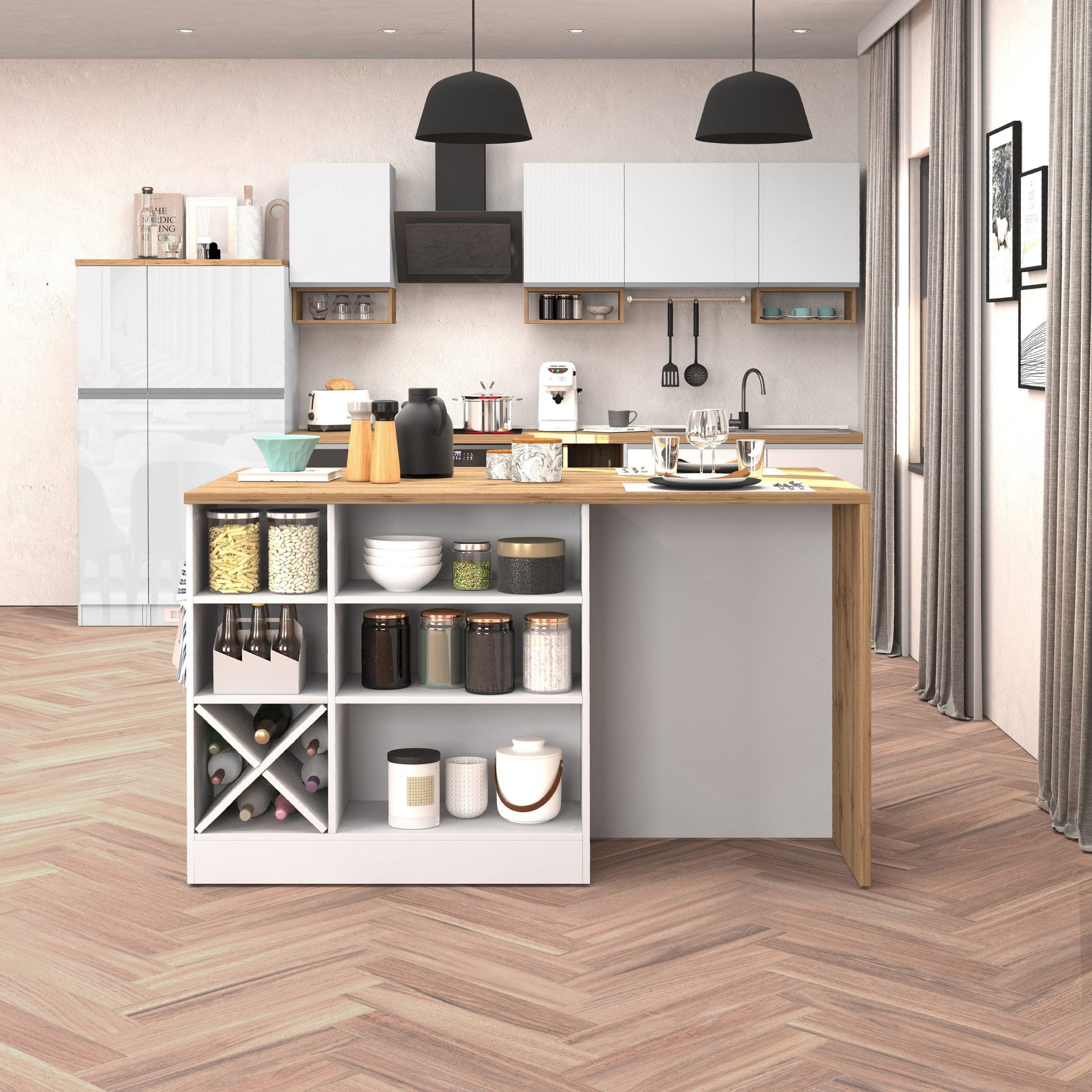 Isola da cucina Sole con 1 anta 2 cassetti e 6 vani bianco lucido/rovere 153x90x91 cm