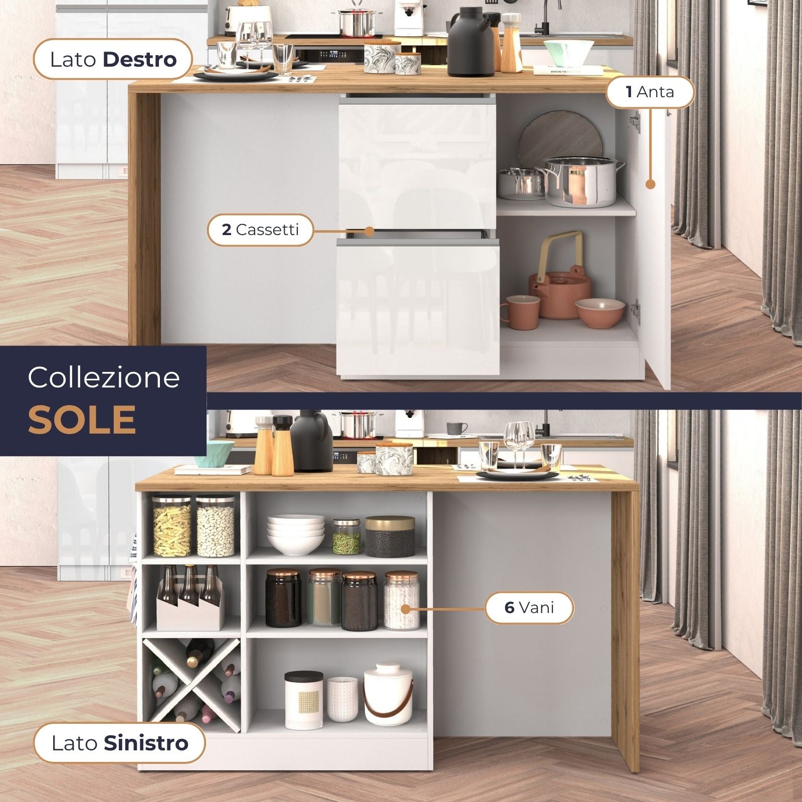 Isola da cucina Sole con 1 anta 2 cassetti e 6 vani bianco lucido/rovere 153x90x91 cm