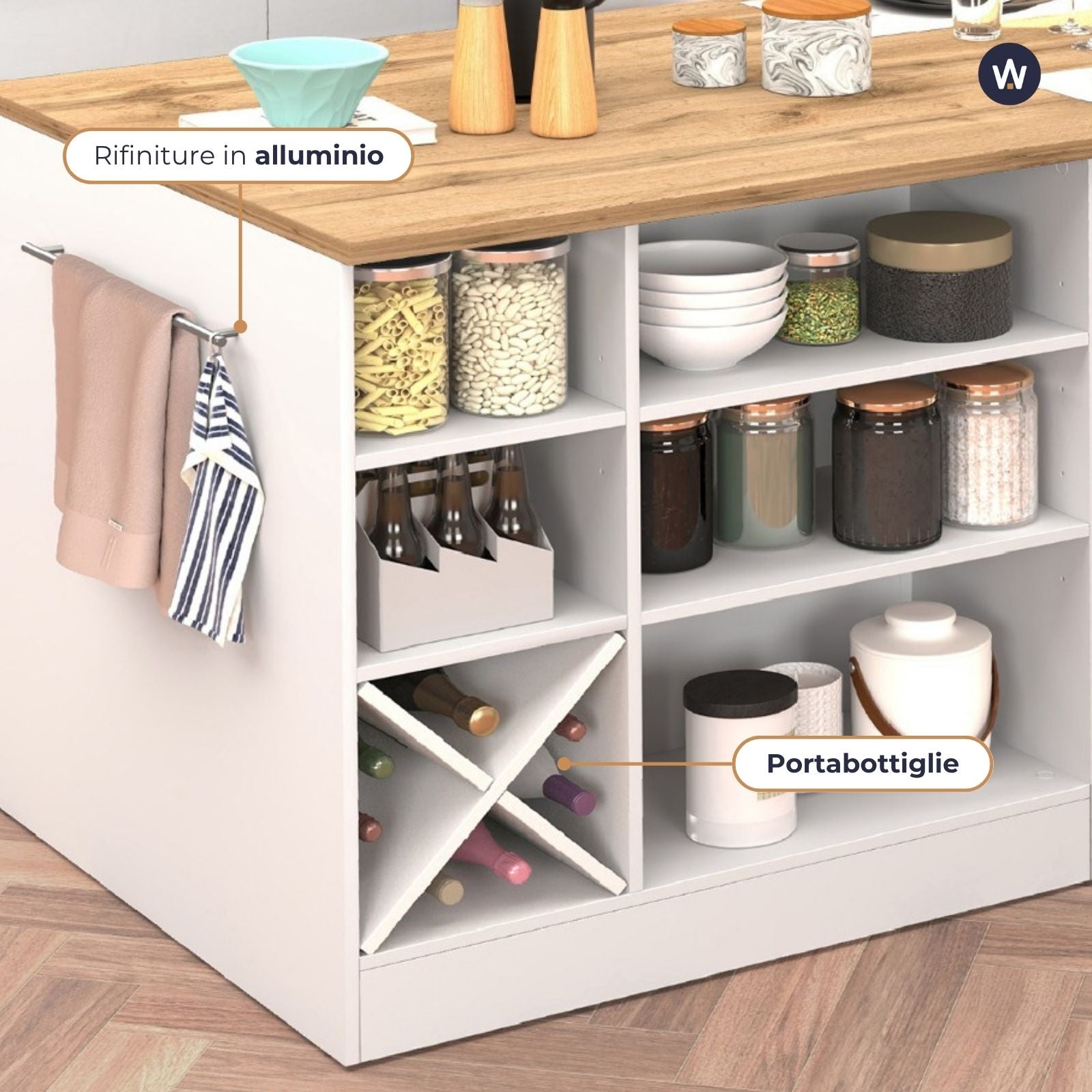 Isola da cucina Sole con 1 anta 2 cassetti e 6 vani bianco lucido/rovere 153x90x91 cm