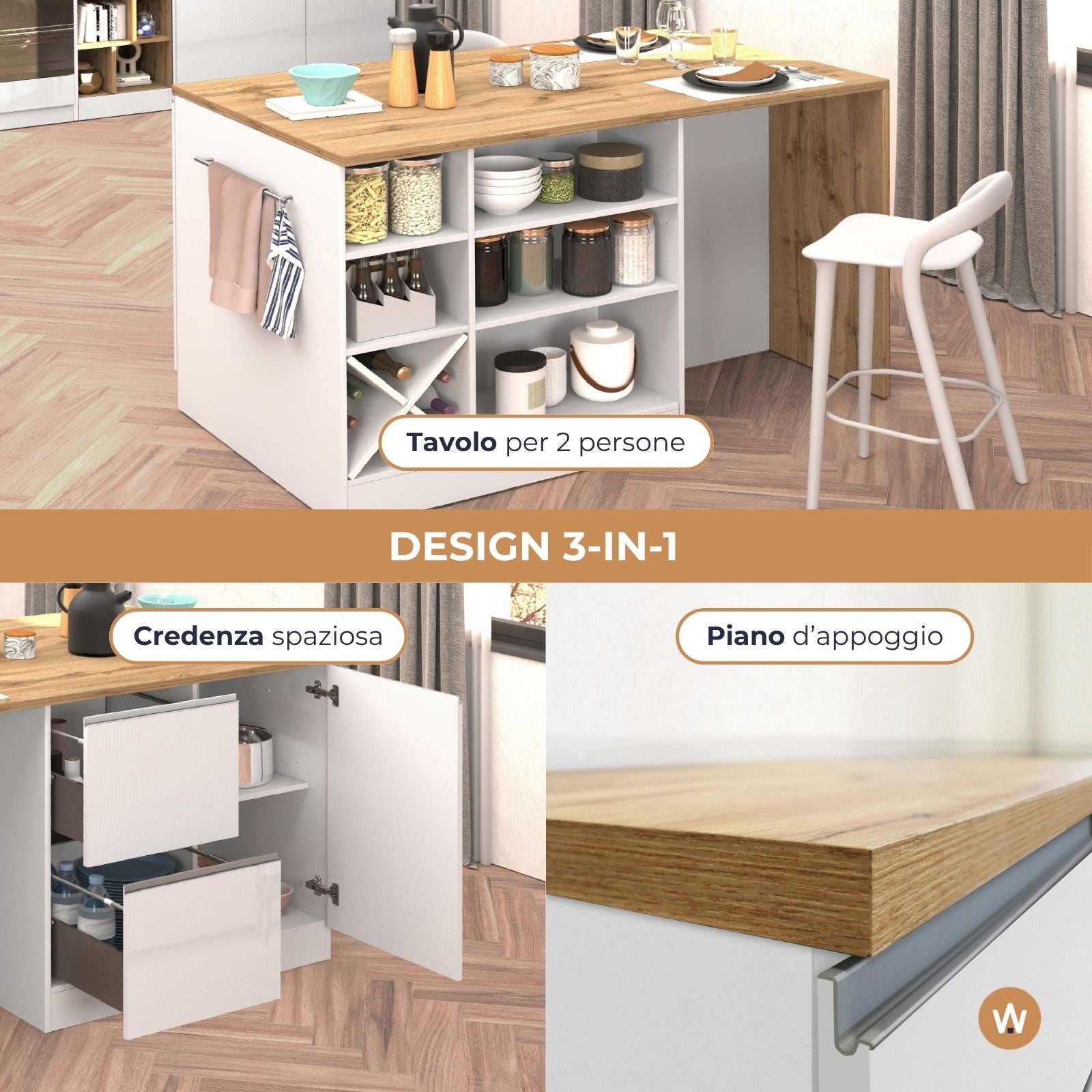 Isola da cucina Sole con 1 anta 2 cassetti e 6 vani bianco lucido/rovere 153x90x91 cm