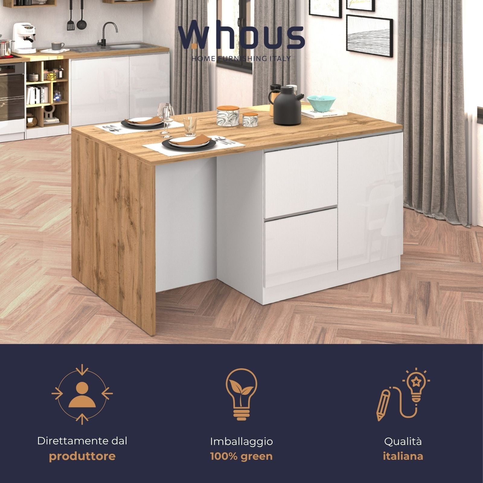 Isola da cucina Sole con 1 anta 2 cassetti e 6 vani bianco lucido/rovere 153x90x91 cm