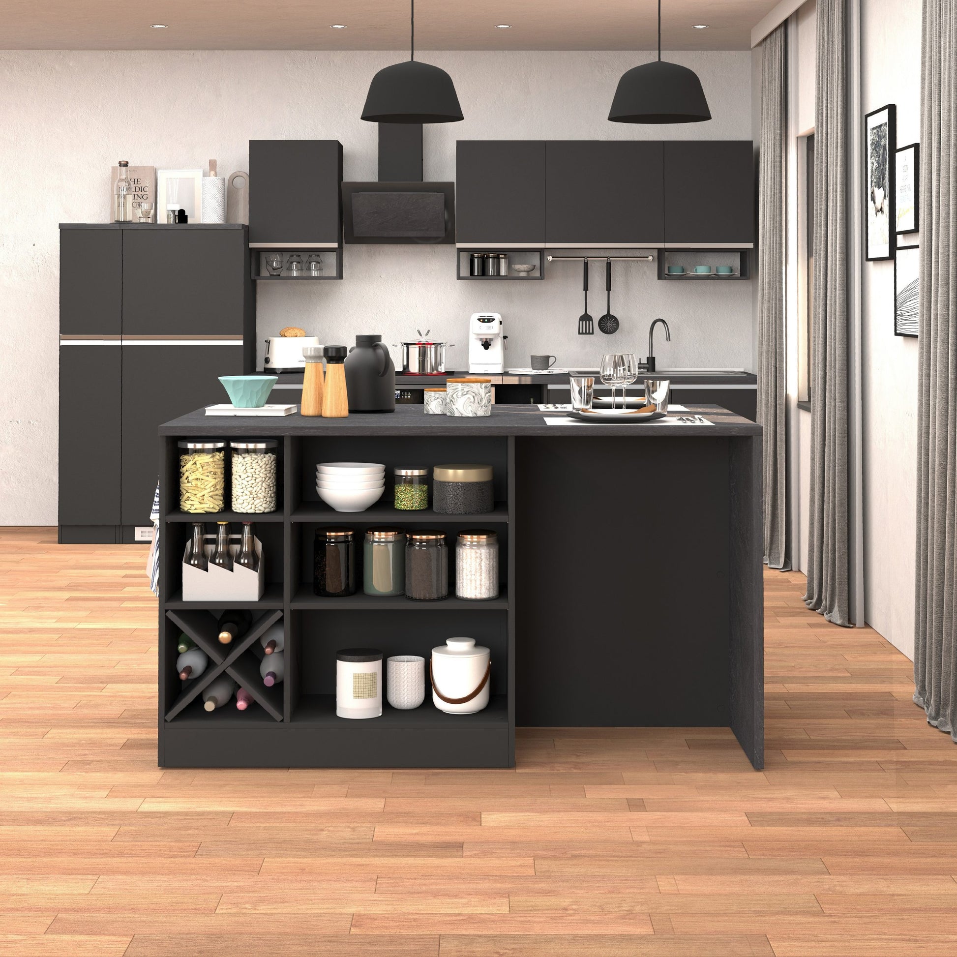 Isola da cucina Sole con 1 anta 2 cassetti e 6 vani antracite opaco/report 153x90x91 cm