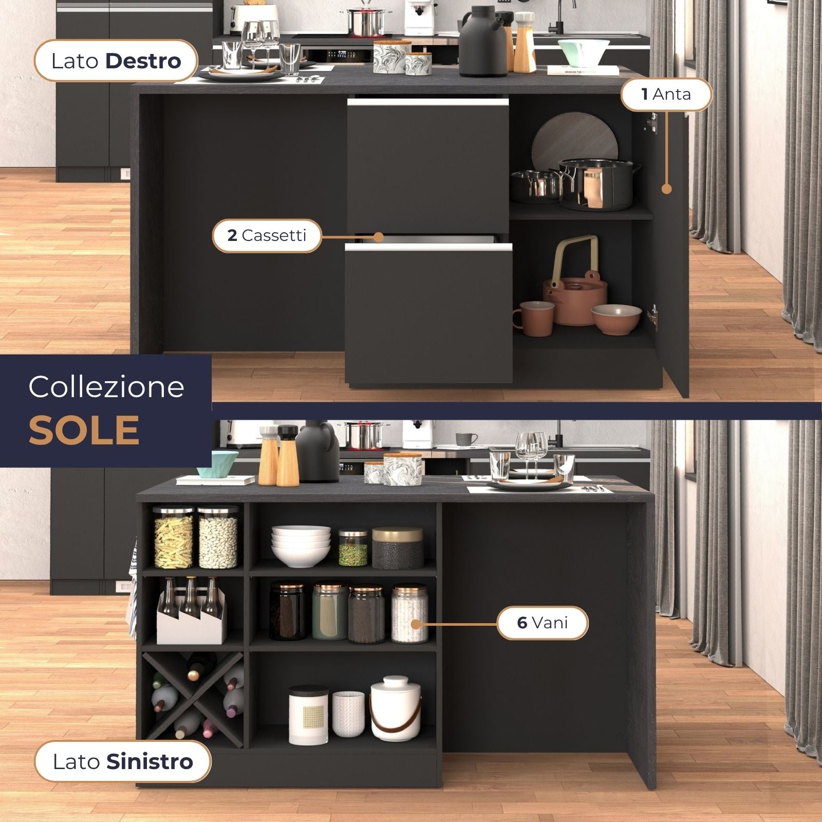 Isola da cucina Sole con 1 anta 2 cassetti e 6 vani antracite opaco/report 153x90x91 cm
