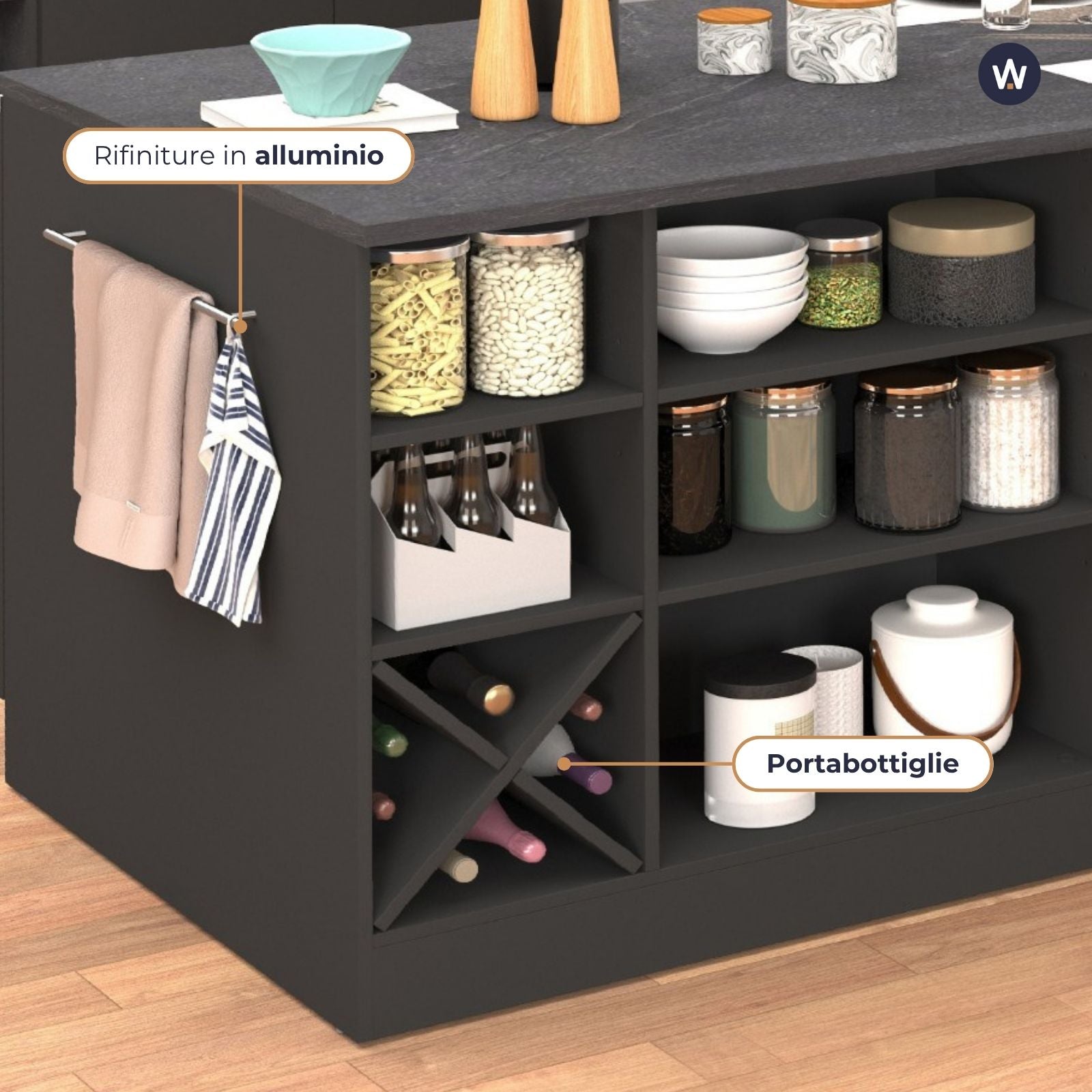 Isola da cucina Sole con 1 anta 2 cassetti e 6 vani antracite opaco/report 153x90x91 cm