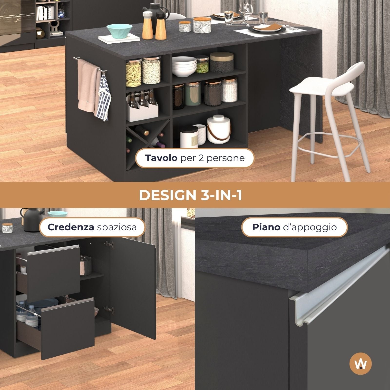 Isola da cucina Sole con 1 anta 2 cassetti e 6 vani antracite opaco/report 153x90x91 cm